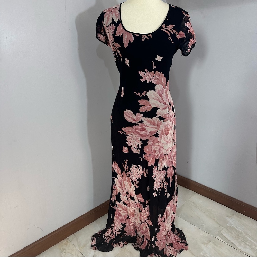 Vintage Y2K Floral Black Flowy Maxi Dress Whimsigoth Resort Formal Evening Bloom - Picture 4 of 15